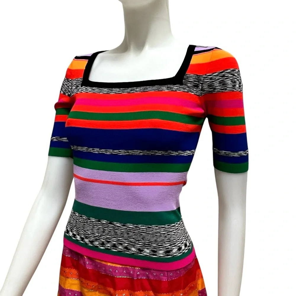 MILLY Rainbow Stripe Square Neck Knit Top ASO Ali Fisher Preppy Academia Sporty - Picture 3 of 17